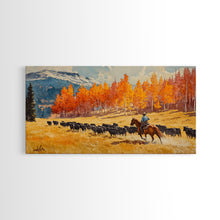 Load image into Gallery viewer, Cowboy Herding Cattle Under Mountains Framed Canvas Print Tall Art Autumn Country Landscape Fall Decor Western Wall Art Farmhouse Gift Idea
