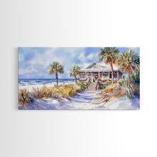 Load image into Gallery viewer, Snowy tropical Christmas decor scene, Framed Canvas Print beach house wreath and holiday lights, winter coastal home decor Christmas art