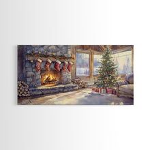 Load image into Gallery viewer, Snowy cabin lake scene at dusk with Christmas lights, Framed Canvas Print with a warm cabin glow, for winter wall art Christmas home decor