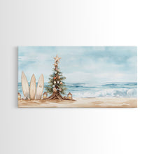 Load image into Gallery viewer, Beach Christmas scene with surfboards and decorated tree, tropical holiday art framed canvas print, perfect coastal seasonal decor
