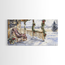 Load image into Gallery viewer, Snowy porch scene with wreaths and holiday greenery, framed canvas print, cozy winter Christmas decor perfect holiday wall display