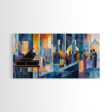 Load image into Gallery viewer, Abstract jazz party scene with grand piano, colorful stained glass aesthetic, framed canvas print ideal vibrant music wall art decor