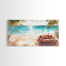 Load image into Gallery viewer, Beach Christmas decor picnic setup with palm trees and lights, framed canvas print showcasing tropical coastal holiday art decor