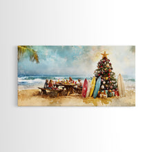 Cargar imagen en el visor de la galería, Christmas family picnic by the beach with surfboards and tree, framed canvas print tropical coastal holiday beach Christmas decor