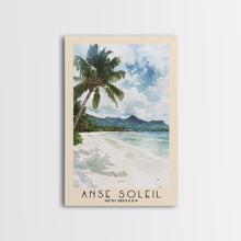 Load image into Gallery viewer, Anse Soleil, Seychelles Watercolor Beach Print, Vacation Gift, Seychelles Wall Art, Framed Canvas Print, Framed Beach Painting