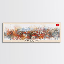 Load image into Gallery viewer, Antalya Turkey Panoramic Travel Poster, Framed Canvas Print or Metal Wall Art, Travel Art, Home Decor, Panoramic Painting, Midcentury Art