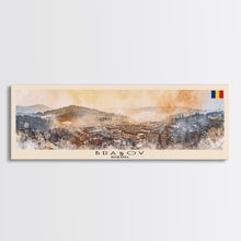 Load image into Gallery viewer, Brasov Romania Panoramic Travel Poster, Framed Canvas Print or Metal Wall Art, Travel Art, Home Decor, Panoramic Painting, Midcentury Art