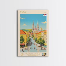 Carregar imagem no visualizador da galeria, Čačak Serbia Travel Poster Framed Canvas Print, Midcentury Modern Art, Pop Art Wall Decor, Living Room Art, Scenic Wall Art