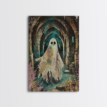 Carregar imagem no visualizador da galeria, Ghostly Figure in Ancient Ruins Framed Canvas Print, Haunted Ruins Decor, Halloween Ghost Art, Eerie Ghostly Wall Art, Spooky Ghost Print