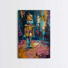 Load image into Gallery viewer, Colorful Skeleton Nutcracker Framed Canvas Print, Halloween Nutcracker Decor, Spooky Toy Art, Skeleton Wall Art, Haunted Nutcracker Print