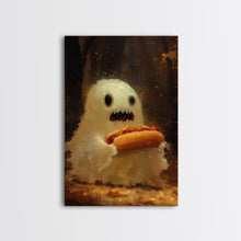 Cargar imagen en el visor de la galería, CHOMP! Cute Lil Ghost Eatin' a Dog, The Hot Dog Ghost, Haunted Hot Dog Thief, Framed Canvas Print, Halloween Art