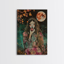 Load image into Gallery viewer, Ghostly Witch With Red Apple, Framed Canvas Print, Wall Art, Spooky Decor, Halloween Decoration, Living Room Art, Unique Gift