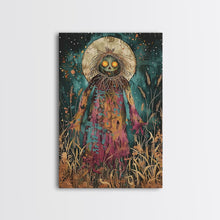 Load image into Gallery viewer, Creepy Moonlit Scarecrow Framed Canvas Print | Halloween Art | Spooky Harvest Artwork | Sinister Scarecrow Art for Home Decor
