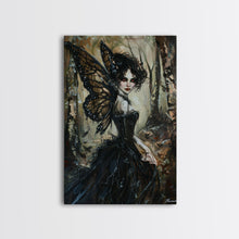 Load image into Gallery viewer, Dark Gothic Fairy with Butterfly Wings| Halloween Wall Art | Spooky Home Decor | Creepy Gothic Fairy Painting | Framed Canvas Print