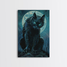 Load image into Gallery viewer, Black Cat with Piercing Eyes Against Full Moon | Halloween Wall Art | Spooky Home Decor | Creepy Black Cat Painting | Framed Canvas Print