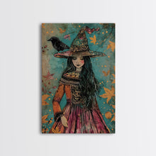 Load image into Gallery viewer, Enchanting Witch with Raven - Halloween Wall Decor - Spooky Home Art Print - Halloween Gift for Witch Lovers - Creepy Art Halloween Decor