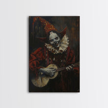 Load image into Gallery viewer, Creepy Clown Playing Guitar, Framed Canvas Print, Spooky Circus Art, Halloween Wall Decor, Horror Clown Illustration, Creepy Home Decor