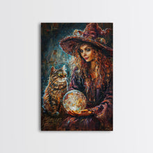 Load image into Gallery viewer, Enchanting Witch with Crystal Ball, Framed Canvas Print, Mystical Halloween Art, Spooky Witch Decor, Witchcraft Illustration, Magical Decor