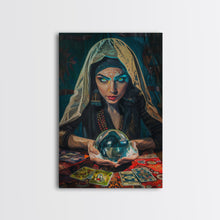 Load image into Gallery viewer, Enchanting Fortune Teller with Crystal Ball Under Moonlight - Mystical Witchcraft Framed Canvas Print, Halloween Gothic Home Decor