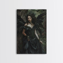 Load image into Gallery viewer, Dark Angel with Glowing Eyes in Haunted Forest - Mysterious Gothic Framed Canvas Print, Halloween Wall Art Decor