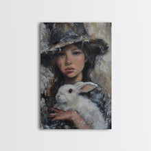 Load image into Gallery viewer, Enchanting Witch with White Rabbit in Serene Autumn Setting - Mystical Forest Art Framed Canvas Print, Halloween Home Decor