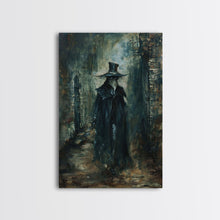 Carregar imagem no visualizador da galeria, Ghostly Figure in Victorian Attire - Eerie Night Stalker Gothic Art Framed Canvas Print, Halloween Haunted House Decor