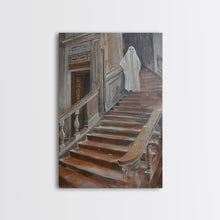 Load image into Gallery viewer, Ghost On Stairs Canvas Print - Halloween Art, Spooky Home Decor, Ghost Wall Art, Haunted House Decor, Halloween Decor, Framed Canvas Print
