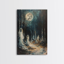 Carregar imagem no visualizador da galeria, Ghostly Figures in Forest, Halloween Art Print, Spooky Home Decor, Framed Canvas Print, Creepy Art, Halloween Wall Decor, Seasonal Wall Art