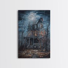 Carregar imagem no visualizador da galeria, Abandoned House Under Moon Full Halloween Art, Spooky Mansion, Haunted Home, Creepy Decor, Gothic Artwork, Framed Canvas Print