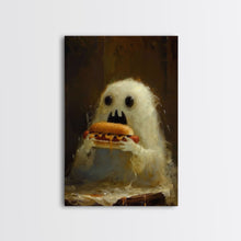 Carregar imagem no visualizador da galeria, Cute Ghost Chompin on A Hot Dog, Ghostly Hot Dog Thief, Framed Canvas Print, Funny Halloween Spooky Season Art