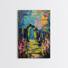 Load image into Gallery viewer, Enchanted Path Framed Canvas Print, Halloween Art, Spooky Garden, Haunted Walkway, Fall Decor Gothic Decor, Ghostly Archway, Eerie Landscape