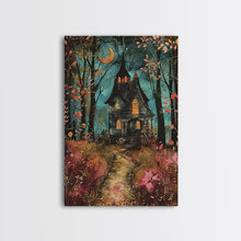 Load image into Gallery viewer, Enchanted Forest Pathway Framed Canvas Print, Haunted Woods Art, Halloween Night, Spooky Path Decor, Mysterious Artwork, Framed Canvas Print