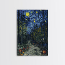 Load image into Gallery viewer, Dark Forest Path with Pumpkins Framed Canvas Print, Halloween Wall Art, Starry Night Inspired, Home Decor, Spooky Art, Living Room Decor