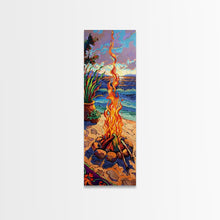 Carregar imagem no visualizador da galeria, Abstract Canvas Painting of Campfire on Beach, Beachy Wall Art, Tall and Narrow Vertical Wall Art, Canvas Painting Printed and Framed