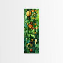 Carregar imagem no visualizador da galeria, Geometric Abstract Art in Green and Yellow Tones - Framed Canvas Print, Midcentury Modern Art, Skinny Art, Tall Art, Living Room Wall Decor, Boho Art