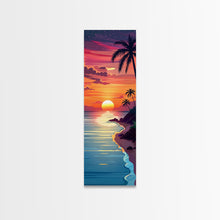 Cargar imagen en el visor de la galería, Coastal Sunset Palm Trees Midcentury Modern Art - Framed Canvas Print, Boho Art, Skinny Art, Living Room Art, Bedroom Decor, Tropical Landscape