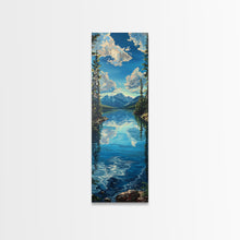 Carregar imagem no visualizador da galeria, Framed Canvas Print Skinny Art of a Clear Lake Surrounded by Pine Trees with Majestic Mountains in the Distance Under a Blue Sky, Ideal Tall Landscape Art