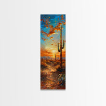 Load image into Gallery viewer, Arizona Desert Landscape with Saguaro Cactus at Sunset on a Framed Canvas Print Skinny Art Piece