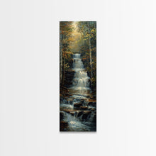 Load image into Gallery viewer, Beautiful Stream Cascading Waterfalls In The Forest at Golden Hour, Framed Canvas Print, Boho Style Landscape Painting Print