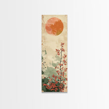 Carregar imagem no visualizador da galeria, Abstract Sun Over Branch With Red Leaves Framed Canvas Print Ukiyo-e Wall Art Tall Art Wood Block Print Skinny Art Japanese Style
