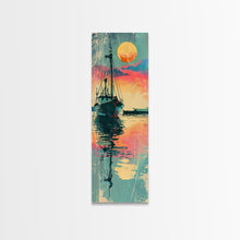 Carregar imagem no visualizador da galeria, Fishing Boat Reflecting in Water with Vibrant Sunset, Japanese Art-Inspired Tall Framed Canvas Print for Wall Art
