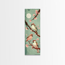 Load image into Gallery viewer, Delicate Sparrows Perched On Cherry Blossoms Under Full Moon Serene Nighttime Setting Captured Tall Framed Canvas Print Nature Scene