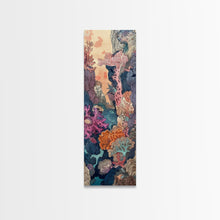 Carregar imagem no visualizador da galeria, Framed Canvas Print Of A Coral Reef Scene Filled With Vibrant Marine Life, Skinny Art, Tall Art, Japanese Style Art, Ukiyo-e Art, Wood Block Print