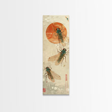 Load image into Gallery viewer, Detailed Depiction Of Cicadas Against Warm Sunset Background Ukiyo-e Skinny Tall Wood Block Framed Canvas Print Japanese Style Art