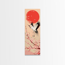 Load image into Gallery viewer, Elegant Crane Bird In Mid-flight Against Bold Red Sun Ukiyo-e Tall Skinny Wood Block Framed Canvas Print Japanese Style Art