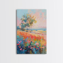 Load image into Gallery viewer, Blossoming Meadow with Trees - Framed Canvas Print, Peaceful Living Room Art, Serene Bedroom Decor, Vibrant Flower Art, Wall Art