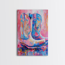 Load image into Gallery viewer, Blue and Pink Cowboy Boots with Floral Background - Framed Canvas Print, Rustic Western Wall Art, Vibrant Boot Art for Home Decor