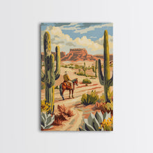Load image into Gallery viewer, Cowboy Riding in Desert Landscape with Cacti - Framed Canvas Print, Western Art, Southwestern Decor, Desert Scene Wall Art for Home