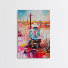 Carregar imagem no visualizador da galeria, Abstract Cowboy Kneeling by Cross Art - Framed Canvas Print, Modern Southwestern Decor, Vibrant Living Room Wall Art