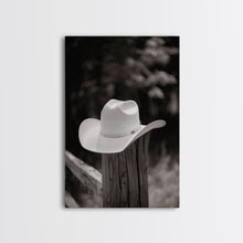Load image into Gallery viewer, Cowboy Hat on a Wooden Fence Post in Rustic Black and White Photography for Western Home Decor, Canvas Prints, Wall Art for Living Room